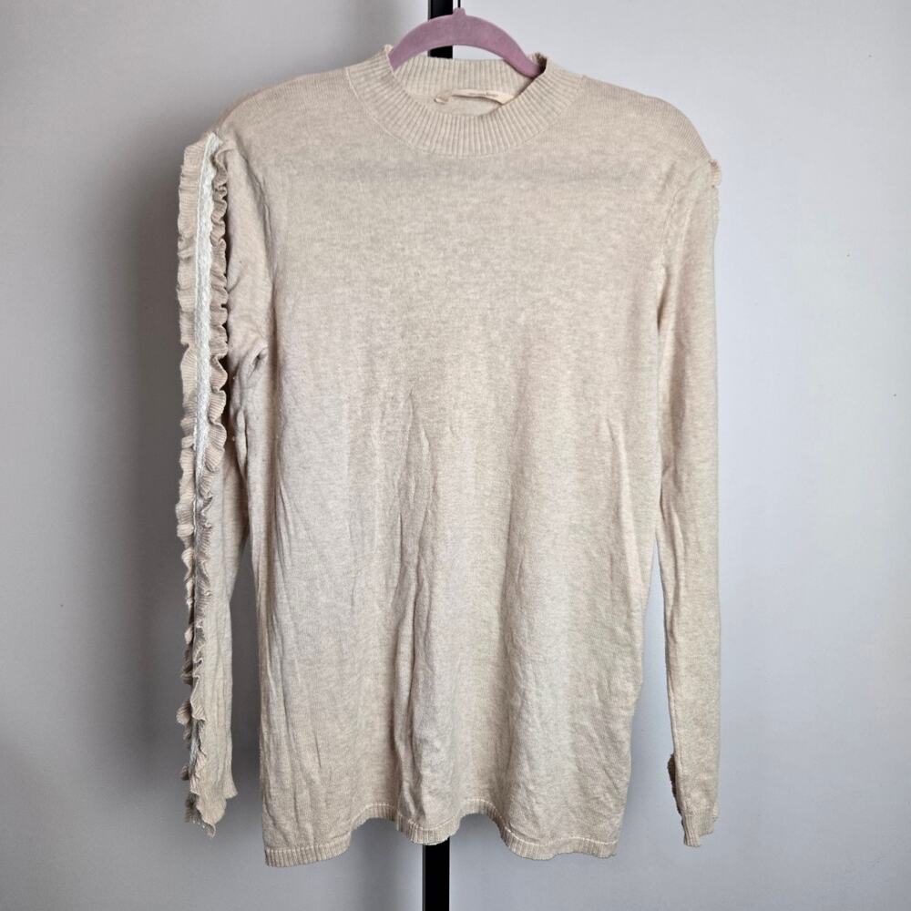 Soft‎ Surroundings Long Ruffle Sleeve Sweater Tan Beige Silk Cashmere Blend Med